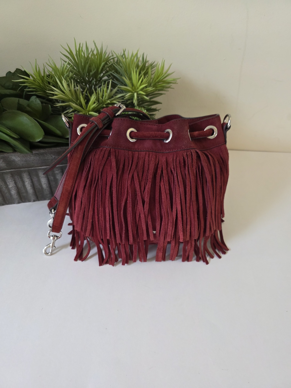 Rebecca Minkoff Fiona Mini Burgandy Suede Fringe Bucket Croasbody Bag